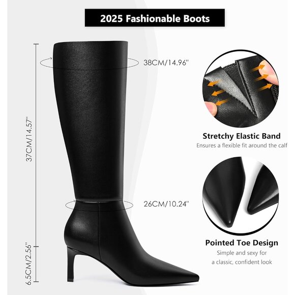 MIRAAZZURRA Women Black Knee High Boots Pointed Toe Kitten with Side Zipper - Picture 5 of 9